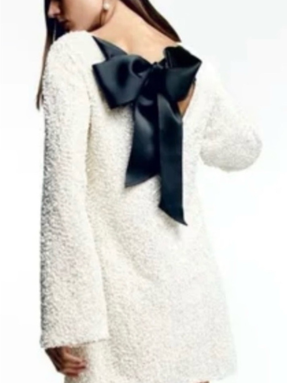 Cream Bouclé Sequin Long Sleeve Dress with Black Bow Back